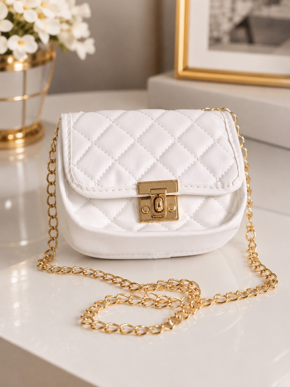 White Quilted Mini Crossbody with Gold Chain